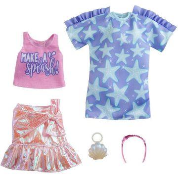 Modas Barbie -Paquete de 2 conjuntos de ropa, 2 conjuntos para muñeca Barbie que incluyen vestido con estampado de estrellas, falda rosa iridiscente, camiseta sin mangas con estampado y 2 accesorios