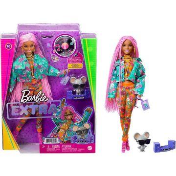 Muñeca número 10 Barbie Extra con chaqueta con estampado floral y mascota DJ Mouse