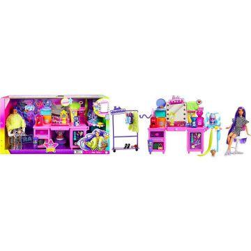 Barbie Extra Doll & Vanity Playset con muñeca exclusiva, perrito mascota, tocador y más de 45 piezas