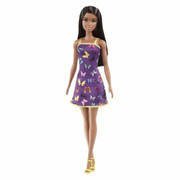 Muñeca Barbie básica con vestido morado con mariposas