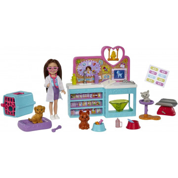 Set de regalo Barbie Chelsea Veterinaria Muñeca niña morena con clínica para mascotas y 23 accesorios