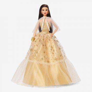 Muñeca Barbie navideña 2023, regalo de coleccionista de temporada, vestido dorado y cabello negro