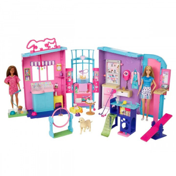 Guardería para mascotas Barbie Deluxe 2 muñecas, 1 juego, 4 perros, 3 gatos, 21 accesorios
