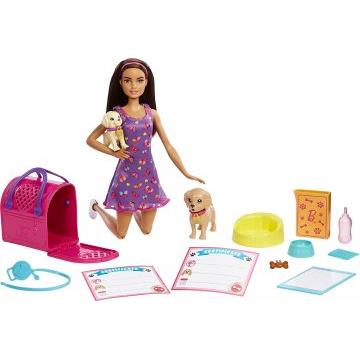 Muñeca Barbie y accesorios Juego de adopción de cachorros con muñeca, 2 cachorros y cambio de color