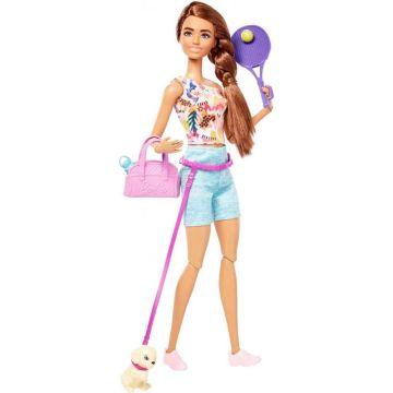 Muñeca Barbie con cachorro, atuendo deportivo, patines y tenis
