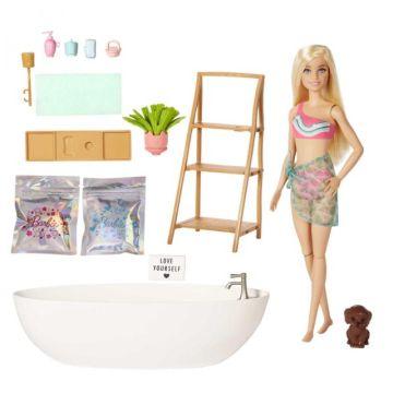 Juego de muñeca Barbie rubia y bañera con jabón de confeti y accesorios