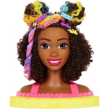 Cabeza de peinados Barbie Deluxe con accesorios de revelación de color y cabello rizado marrón arcoíris