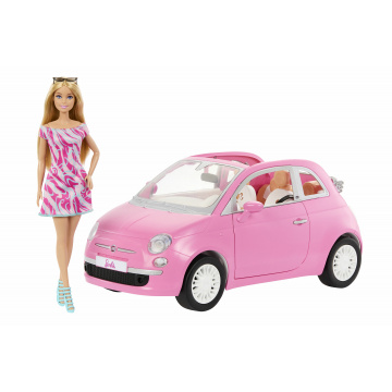Muñeca Barbie y vehículo rosa Fiat 500