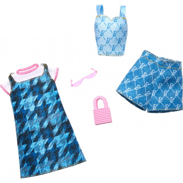 Barbie Fashion Paquete de 2 vestidos, top y pantalones cortos de mezclilla azul, gafas de sol rosas y bolso