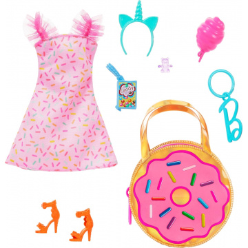 Barbie Premium Pink Donut Fashion Bag, vestido rosa, tacones naranjas y accesorios