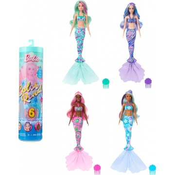 Muñeca Barbie Color Reveal y accesorios con 6 sorpresas de desempaquetado, serie Sirena con corpiño que cambia de color