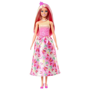 Muñeca Barbie A Touch of Magic royal con pelo rosa y rubio, falda con estampado de mariposas y accesorios