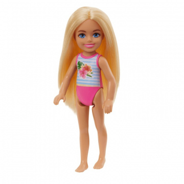 Muñeca Chelsea Barbie  pequeña con traje de baño playero, estampado de rayas y flores, cabello rubio y ojos azules