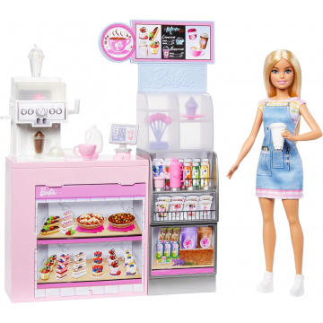 Barbie Coffee Shop Playset con muñeca barista rubia y más de 12 accesorios, incluyendo cafetera, batidora, comida, tazas y más