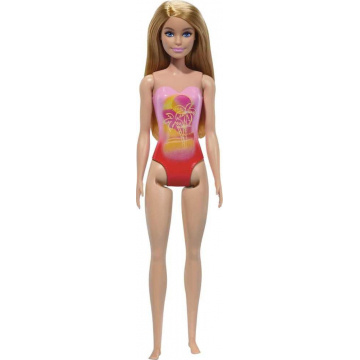 Muñeca Barbie Beach con cabello rubio y traje de baño rosa con estampado de palmeras