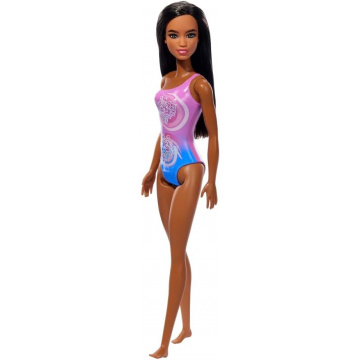 Muñeca Barbie Beach con cabello castaño oscuro y traje de baño morado tropical