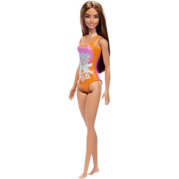 Muñeca Barbie Beach con cabello castaño claro y traje de baño tropical rosa y naranja