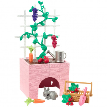 Barbie World Juego de Jardín con 12 Piezas Que Incluyen Macetero, Figura de Conejito, Comida y Más, multicolor, 73,69 Pulgadas