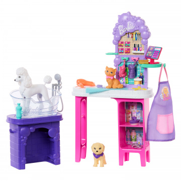 Set de juego Barbie World Paw Spa con estaciones de lavado y aseo, 3 mascotas y accesorios de peluquería