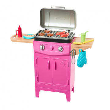 Barbie World Juego de Parrilla para Barbacoa de Juguete con 7 Accesorios para Casa de Muñecas, Incluida una Parrilla con Tapa Que Funciona y Comida