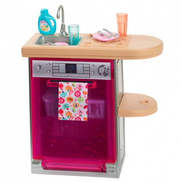 Barbie World Juego de Lavavajillas de Juguetes con 9 Accesorios de Cocina para Casa de Muñecas Que Incluyen Platos, Tendedero y Más