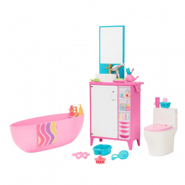 Juego de baño de Barbie con 19 accesorios para casa de muñecas, que incluye bañera, inodoro y tocador