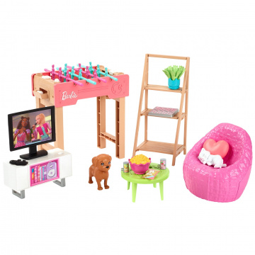 Barbie World Juego de Sala de Juegos con 19 Accesorios para Casa de Muñecas, Incluidos Muebles, Mesa de Futbolín y Mascotas