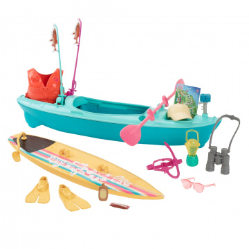 Barbie World Juego de Kayak y Surf con 17 Accesorios para Acampar, Que Incluyen Kayak, Bote, Tabla de Surf y Más, Multicolor, 12,17 Pulgadas