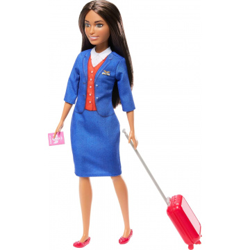 Muñeca Barbie azafata morena de moda con uniforme azul extraíble, incluye maleta con ruedas, auriculares y accesorios para pasaporte