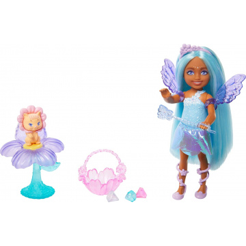 Conjunto de muñeca y accesorios Barbie Chelsea, pequeña muñeca hada con cabello y alas azules, mascota y 8 piezas temáticas, incluida una cama con flores para mascotas