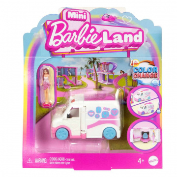 Conjunto de muñeca y vehículo Barbie Mini Barbieland con muñeca de 1,5 pulgadas y clínica de cuidados que cambia de color