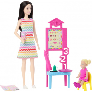 Muñeca Barbie maestra con muñeca de moda con vestido estampado, 1 muñeca pequeña y accesorios de enseñanza