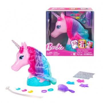 Cabeza de peinado Barbie Unicornio, pelo colorido con accesorios y pegatinas