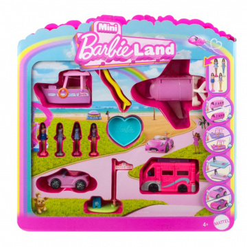 Barbie Mini Barbieland Juego de 4 muñecas y vehículos, 4 muñecas de 1,5 pulgadas y 4 vehículos de juguete icónicos