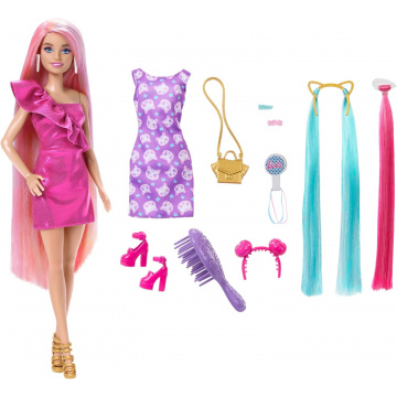 Muñeca Barbie Fun & Fancy Hair con cabello rubio extralargo y colorido y accesorios de peinado