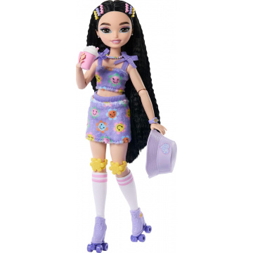 Muñeca Renee Barbie Dream Besties Patinadora articulada con Pelo moreno y 9 Piezas temáticas de Comida