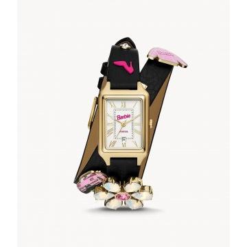 Barbie™ x Fossil Reloj de cuero negro LiteHide™ con fecha y tres manecillas de edición limitada