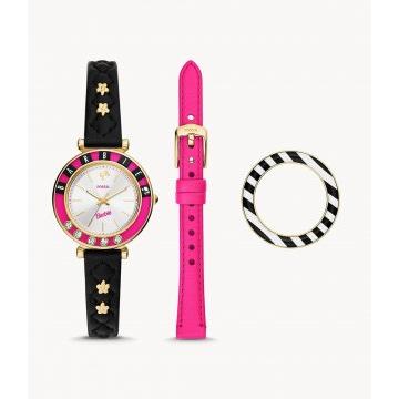 Barbie™ x Fossil Reloj de cuero rosa de tres manecillas de edición limitada y caja con correa intercambiable