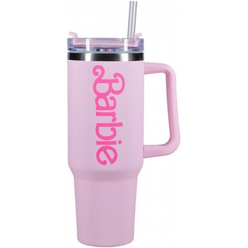 Botella de agua con logotipo rosa y licencia oficial de Barbie de Paladone, vaso de acero inoxidable con aislamiento al vacío, tapa y pajita para agua, té helado o café