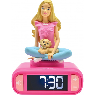 Lexibook, Barbie, Reloj despertador con luz nocturna de Barbie, Personaje luminoso, Elección de 6 alarmas, 6 efectos de sonido, Pantalla LCD retroiluminada, Función de repetición, Rosa