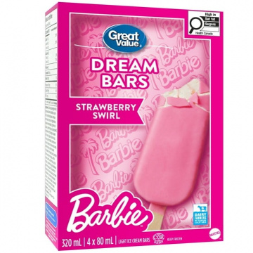 Great Value Barbie Naturally Flavoured Strawberry Swirl Light Ice Cream Bars, 4 x 80 mL