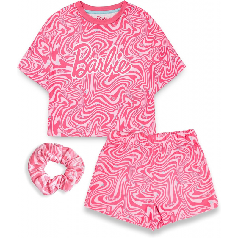Barbie Conjunto de Pijama Girls | Paquete de Pijamas con Estampado Rosa de Manga Corta y Pantalones Cortos con Pijamas con coletero