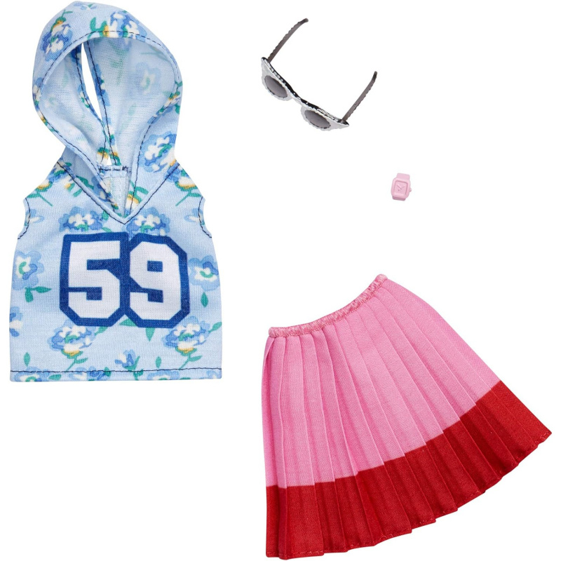 Modas Barbie Conjunto de noche: sudadera con capucha azul 59, falda rosa y gafas