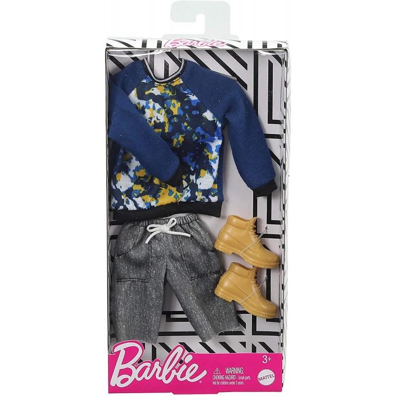 Paquete moda de Barbie: ropa de muñeco Ken con sudadera con estampado azul, pantalones cortos grises y BarbiePedia
