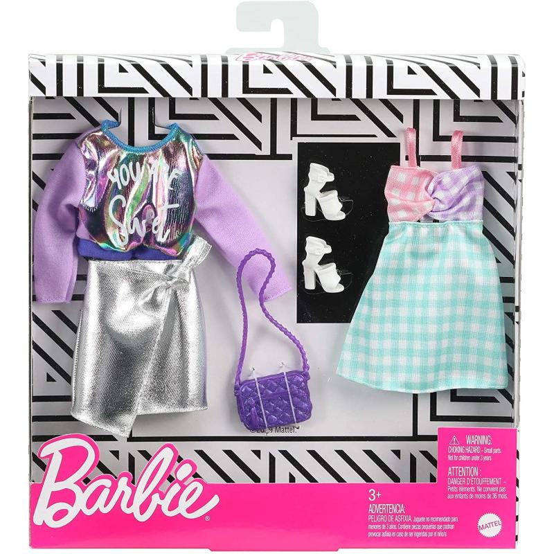 Barbie Fashions - Juego de ropa de 2 piezas, 2 trajes de muñeca que incluyen sudadera iridiscente, falda metálica plateada, vestido de cuadros y 2 accesorios - GHX62