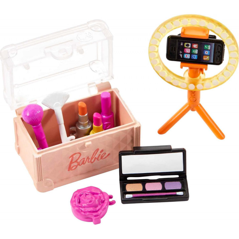 Juego de accesorios para el tutorial de maquillaje de Barbie con 12 piezas de juguete para contar historias, que incluyen un miniestuche, lápices labiales, un anillo de luz y más