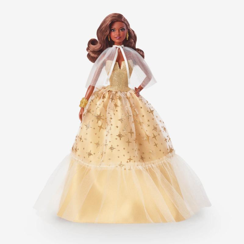 Muñeca Barbie navideña 2023, regalo de coleccionista de temporada, vestido dorado y cabello castaño oscuro