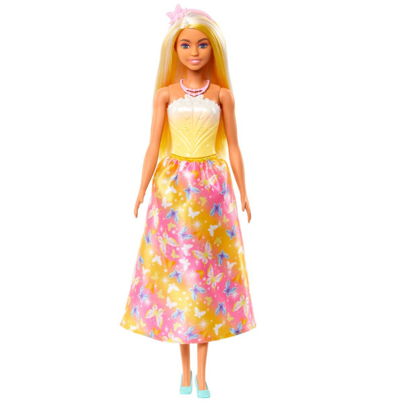 Muñeca Barbie Royal con cabello con mechas brillantes, falda con estampado de mariposas y accesorios