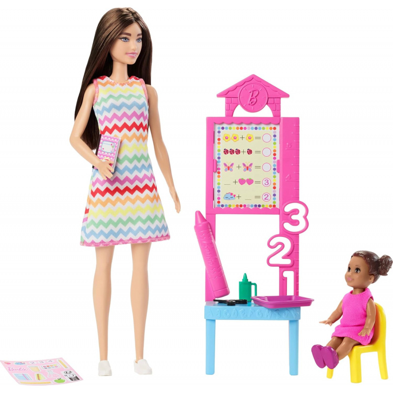 Muñeca Barbie maestra con muñeca morena de moda con vestido estampado, 1 muñeca pequeña y accesorios de enseñanza