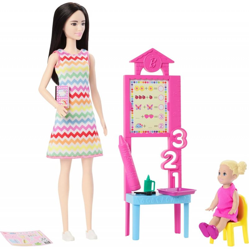 Muñeca Barbie maestra con muñeca de moda con vestido estampado, 1 muñeca pequeña y accesorios de enseñanza